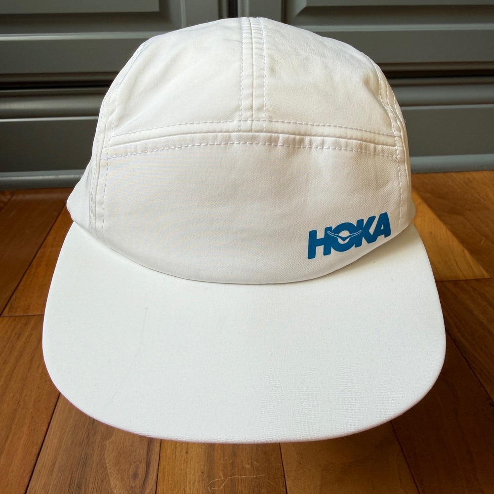 Hoka One One 5 Panel Performance Hat Unisex OSFA White Blue Logo Running Cap